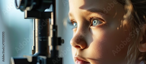 Child looks into phoropter during an eye examination of pediatric ophthalmologist Phoropter for measuring refractive error and determining information for prescription for eyeglasses. Creative Banner
