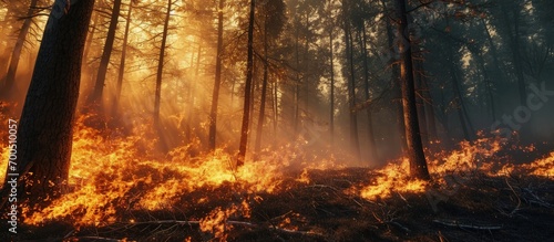 Development of forest fire Flame is starting trunk damage. Creative Banner. Copyspace image