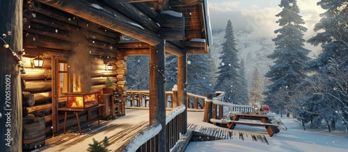 Fire grill skiresort winter food bbq outdoors cabin porch. Creative Banner. Copyspace image photo
