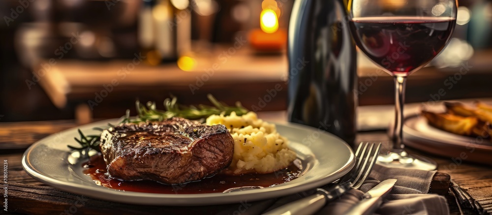 A dish of meat and mashed potatoes and a glass of red wine on a table in a restaurant. Creative Banner. Copyspace image A dish of meat and mashed potatoes and a glass of red wine on a table in a restaurant. Creative Banner. Copyspace image