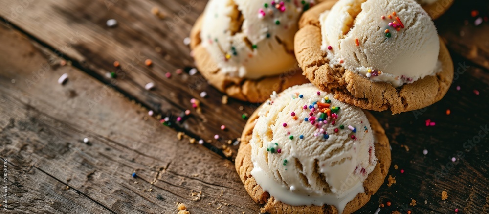 Ice cream sandwiches with vanilla ice cream and peanut butter cookies and sprinkles. Creative Banner. Copyspace image Ice cream sandwiches with vanilla ice cream and peanut butter cookies and sprinkles. Creative Banner. Copyspace image