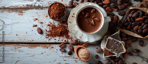 Hot chocolate in the cup cocoa beans and powder on the white wooden table top view. Creative Banner. Copyspace image photo