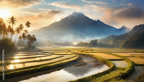 mountain and rive field with river in the middle at morning, beautiful view of rice field at the morning with clear sky
