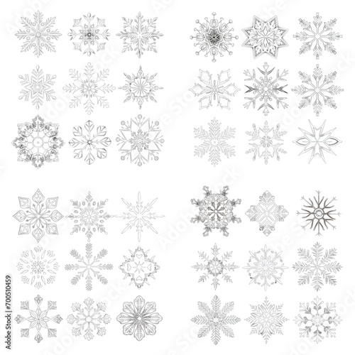 A mesmerizing array of white snowflake designs on a transparent background, each intricately patterned to celebrate the unique geometry of winter.