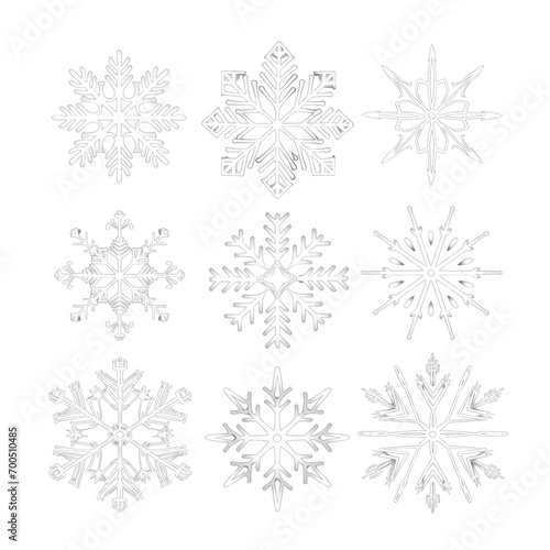 A collection of snowflake illustrations on a transparent background  showcasing diverse and complex geometric designs reminiscent of winter s touch.