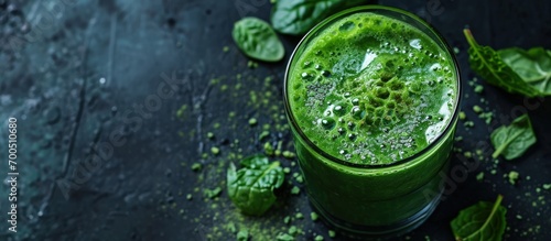 Fresh Juice Smoothie Made with Organic Greens Spirulina Protein Powders. Creative Banner. Copyspace image photo
