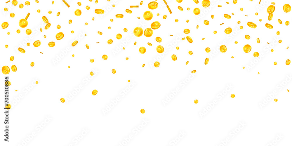 Bitcoin coins falling. Cryptocurrency scattered Bitcoin coins falling. Cryptocurrency scattered