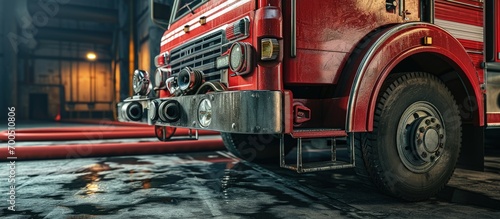 Compartment of rolled up fire hoses on a fire engine Rescue fire truck equipment. Creative Banner. Copyspace image