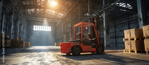 Interior of warehouse dock load cargo electric forklift pallet jack with large shipment goods pallet. Creative Banner. Copyspace image