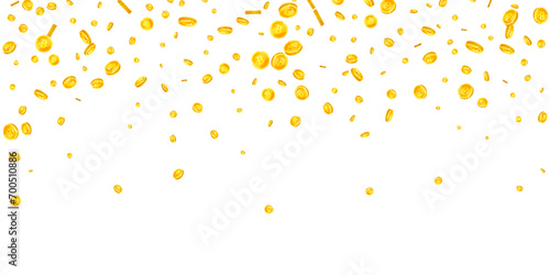 Bitcoin coins falling. Cryptocurrency scattered