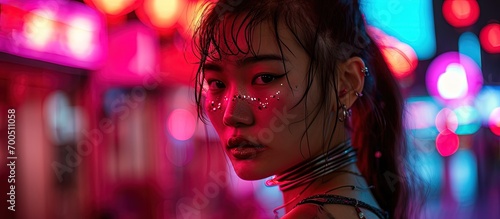 Futuristic portrait of asian teenager in neon light She is seriour daring cyberpunk fashionable girl. Creative Banner. Copyspace image
