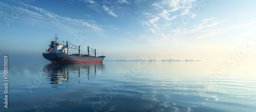 General cargo ship with cranes sailing in a still sea water Clear blue sky Panoramic view Freight transportation nautical vessel global communications industry carrying logistics commerce