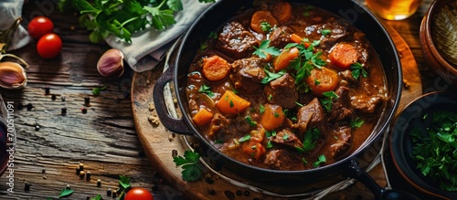 Delicious beef bourguignon stew with wine carrots and onion garnished with parsley. Creative Banner. Copyspace image photo