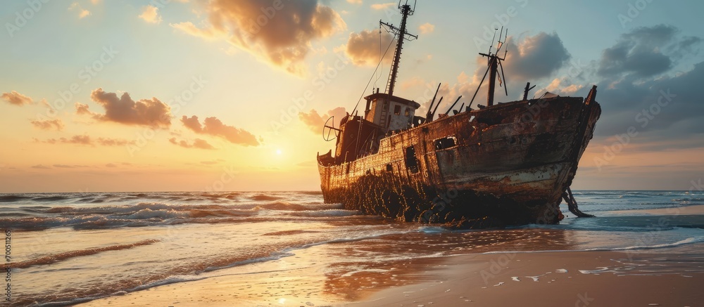 Abandoned boat wreck washed up on the beach one morning. Creative Banner. Copyspace image - obrazy, fototapety, plakaty 