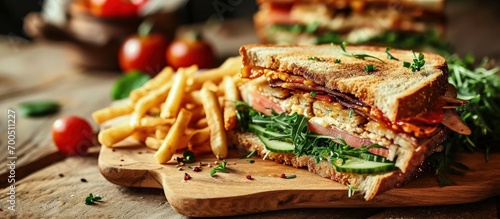 Club sandwich with french fries and salad. Creative Banner. Copyspace image
