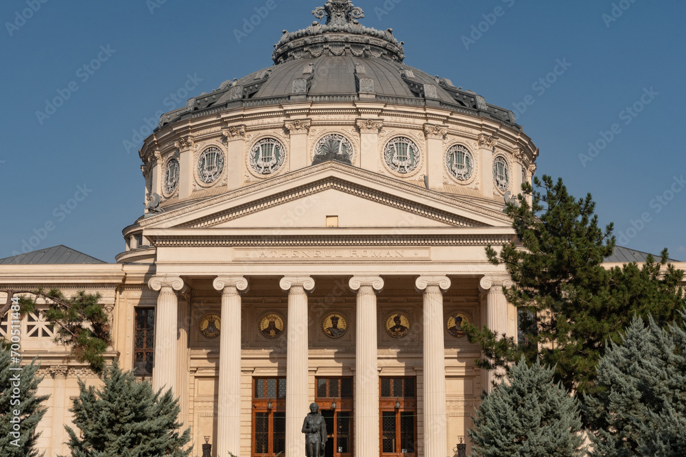 The Romanian Athenaeum, a concert hall in the center of Bucharest, Romania. The ornate, domed, circular building is the city's most prestigious concert hall and home of the George Enescu Philharmonic.