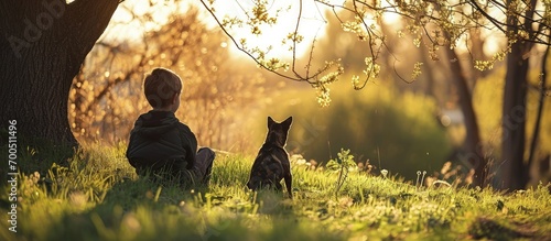 boy with a dog walks in the park on a sunny spring evening sits on the grass the dog obeys the order give a paw Friendship of man and animal healthy lifestyle. Creative Banner. Copyspace image