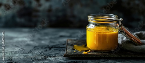 Homemade honey mustard salad dressing in a jar. Creative Banner. Copyspace image
