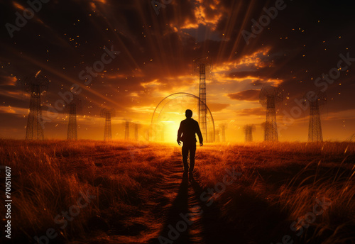 A man running down a field. A man walking through a field at sunset