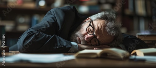 Businessman sleeping on his desk Senior businessman who is tired from long work Working hard Fatigue Exhaustion at work stress sad Boredom Laziness. Creative Banner. Copyspace image