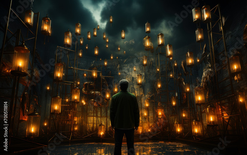 An old businessman looking up. A man standing in front of a lot of lanterns