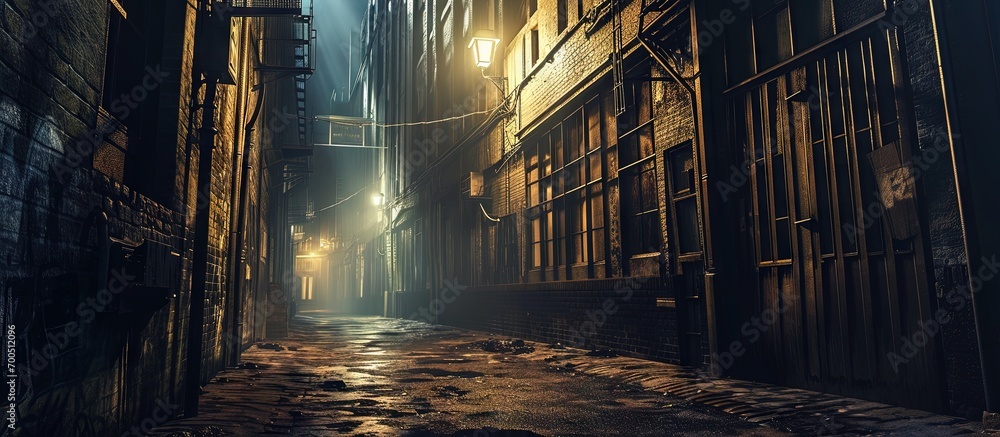 Dark empty scary urban city street alley with vintage buildings at night. Creative Banner. Copyspace image