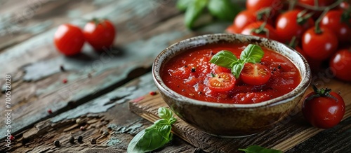 Homemade tomato Passata in white bowl on wooden table. Creative Banner. Copyspace image