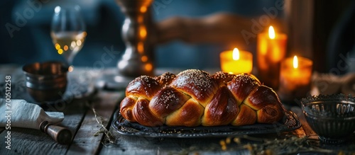 Challah Jewish Bread traditionally baked to celebrate the Shabbat The inscriptions on the tablecloth translated from Hebrew means Shabbat Shalom peaceful Saturday Jewish holiday Israel