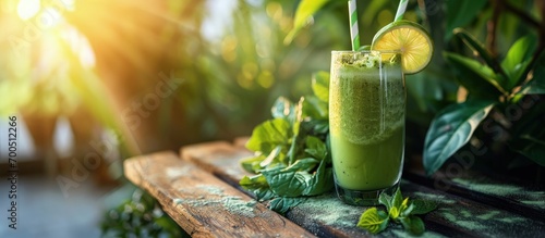 Fresh Juice Smoothie Made with Organic Greens Spirulina Protein Powders. Creative Banner. Copyspace image photo