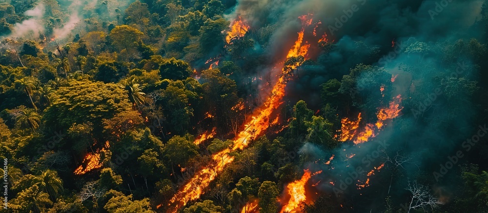 Aerial view of a forest fire out of control during a summer in southern Honduras. Creative Banner. Copyspace image
