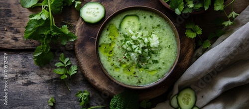 Cucumber Gazpacho Green fresh cold summer soup Top view. Creative Banner. Copyspace image photo