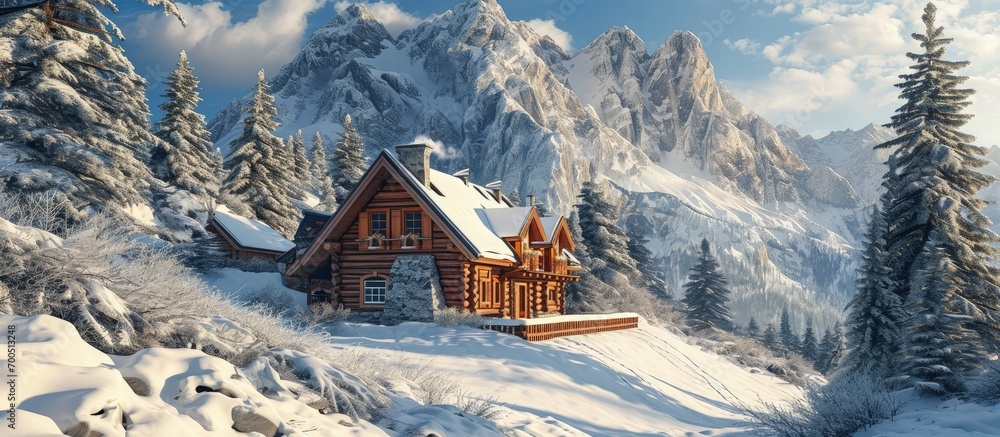 Idyllic photo of a mountain house during the winter. Creative Banner. Copyspace image