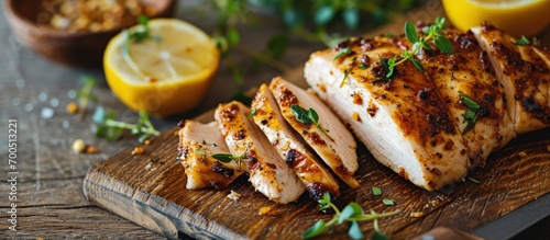 Grilled chicken breast with spice rub and lemon on a cutting board sliced and whole. Creative Banner. Copyspace image photo