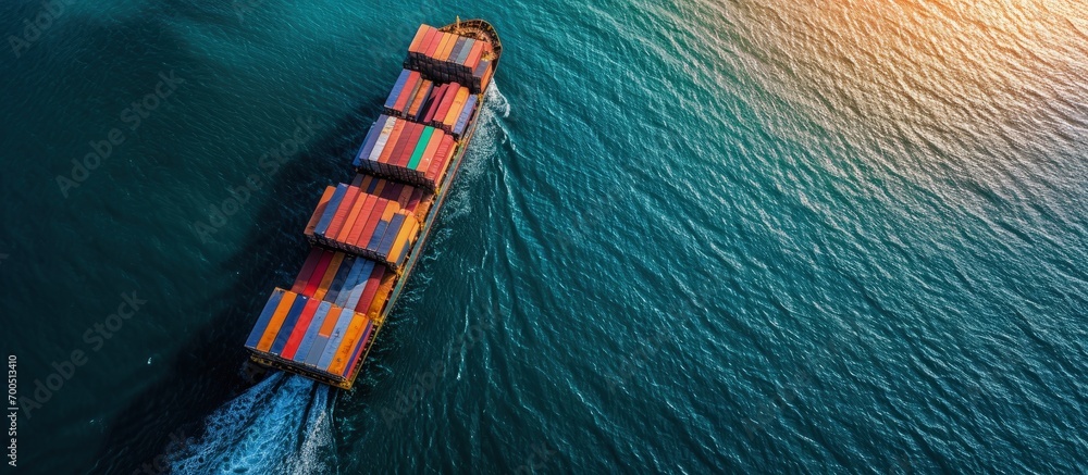 cargo container ship sailing in sea to import export goods and distributing products to dealer and consumers across worldwide by container ship Transport business drone shot. Creative Banner