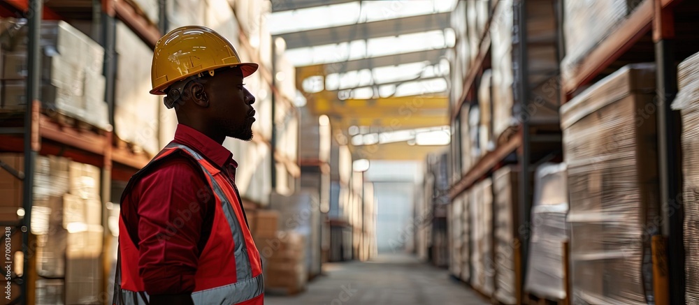 African warehouse worker with delivery in a freight forwarding warehouse. Creative Banner. Copyspace image African warehouse worker with delivery in a freight forwarding warehouse. Creative Banner. Copyspace image