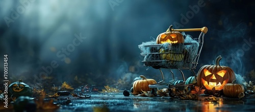 Halloween shopping background halloween pumpkins and halloween decorations in a shopping cart. Creative Banner. Copyspace image
