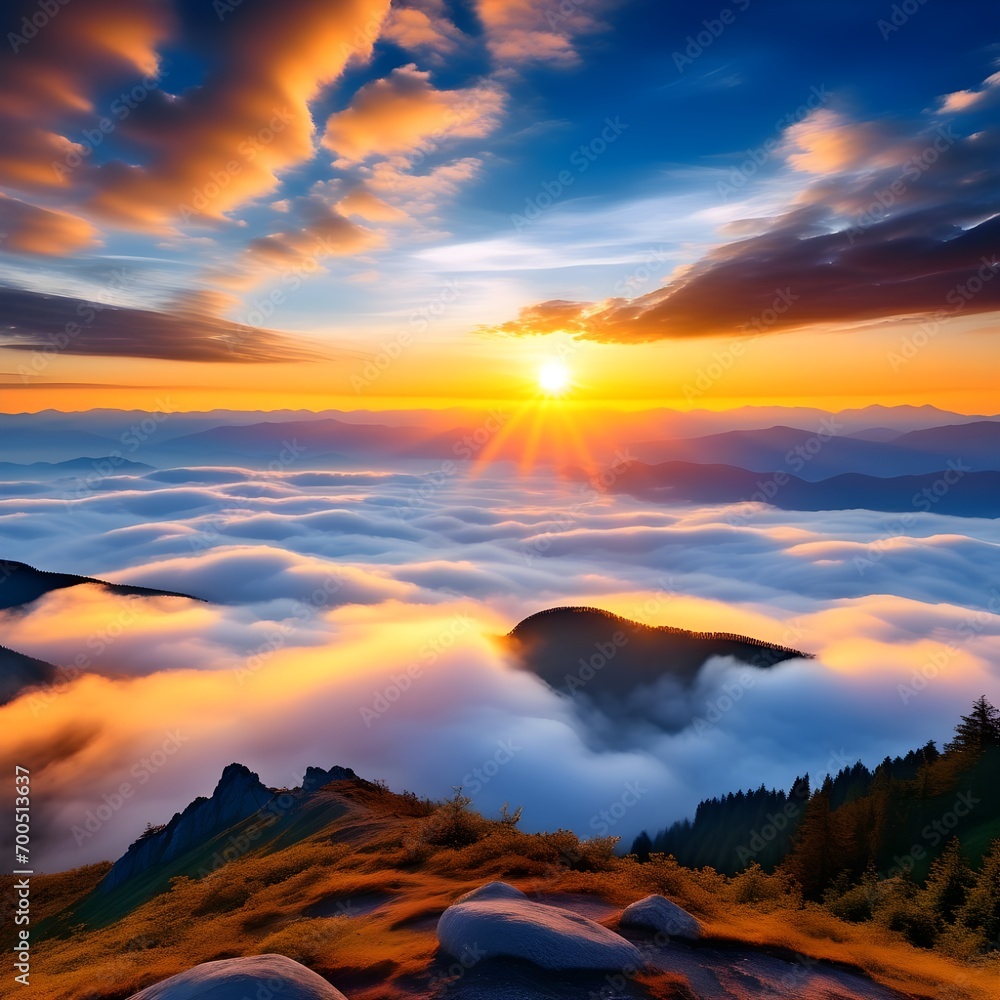 Sunrise image viewed from the top of a mountain covered in clouds Generative AI Sunrise image viewed from the top of a mountain covered in clouds Generative AI