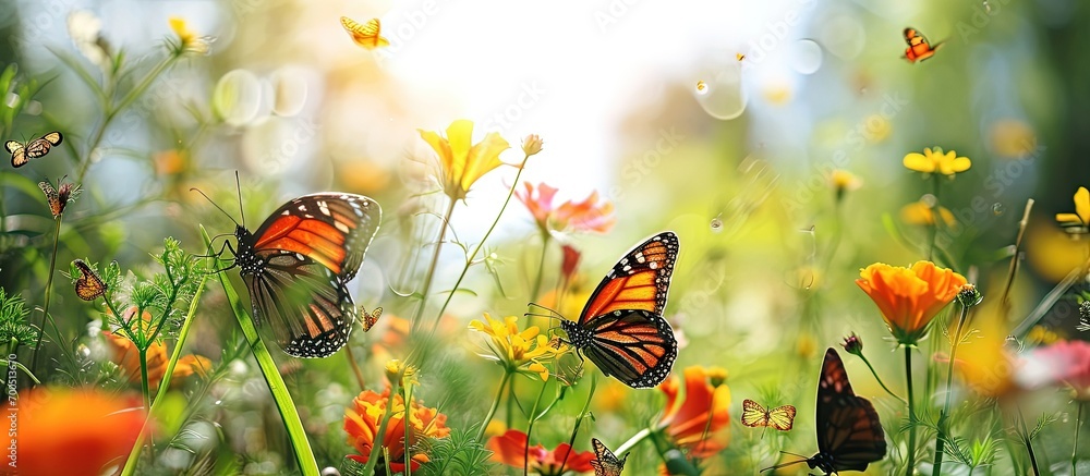 Colorful beautiful butterflies are floating on the light red and white flowers of green trees it looks very beautiful green nature around open sky shining sun around. Creative Banner. Copyspace image Colorful beautiful butterflies are floating on the light red and white flowers of green trees it looks very beautiful green nature around open sky shining sun around. Creative Banner. Copyspace image