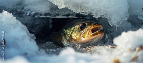 Fototapeta Naklejka Na Ścianę i Meble -  Ice fishing on frozen lake Ice hole little fish perch and boot. Creative Banner. Copyspace image
