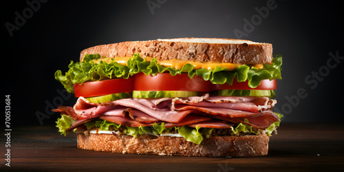 A giant sandwich with lettuce, tomato, and lettuce on it .Delicious large sandwich with ham, vegetables and salad on a black background. side view, space for copying. fast food.