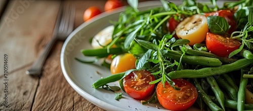 Green beans and tomato salad on white plate. Creative Banner. Copyspace image