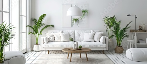 Bright living room with white sofa and pattern carpet. Creative Banner. Copyspace image
