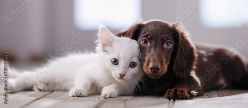 cat and dog dachshund puppy chocolate color and White kitten. Creative Banner. Copyspace image photo