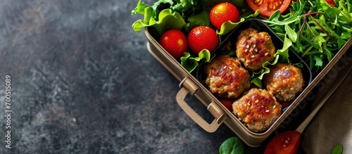 Keto Paleo Lunchbox Meatballs Lettuce and More. Creative Banner. Copyspace image