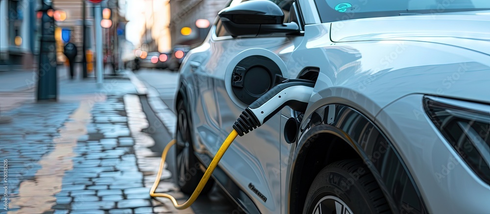 custom made wallpaper toronto digitalElectric car plugged in to charge outside home with power cable. Creative Banner. Copyspace image