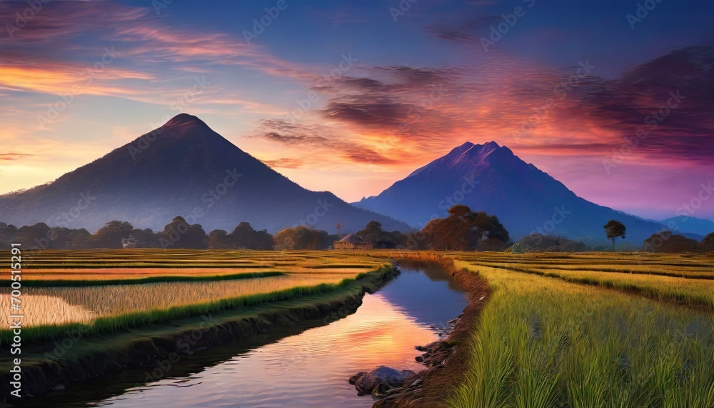  mountain and rive field with river in the middle at dusk with sunset view, beautiful view of rice field at dusk time