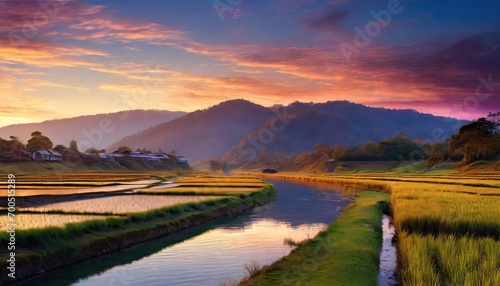 mountain and rive field with river in the middle at dusk with sunset view, beautiful view of rice field at dusk time