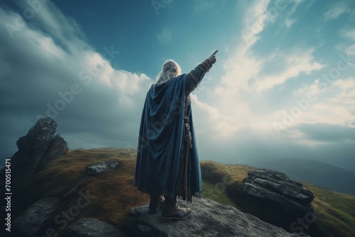 Druid pointing at sky in epic scene evokes sci-fi and fantasy themes. Generative AI