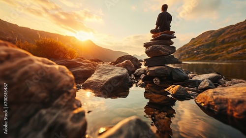 Person Meditating on Stacked Stones by a Tranquil Lake at Sunset, Surrounded by Nature