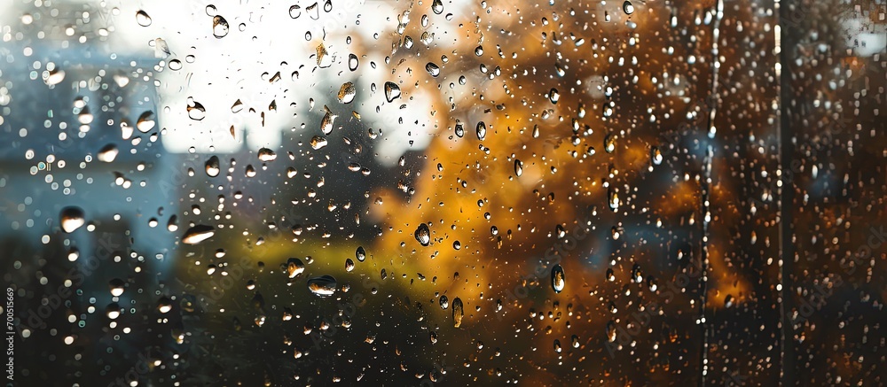 Drops of autumn rain on dirty window glass close up. Creative Banner. Copyspace image